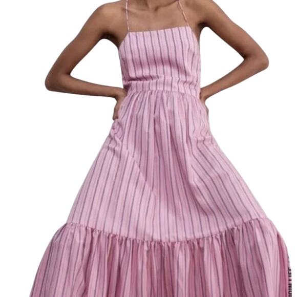 ZARA Pink Striped Ruffle Hem Midi Sundress Crisscross Back Size M - Picture 2 of 15